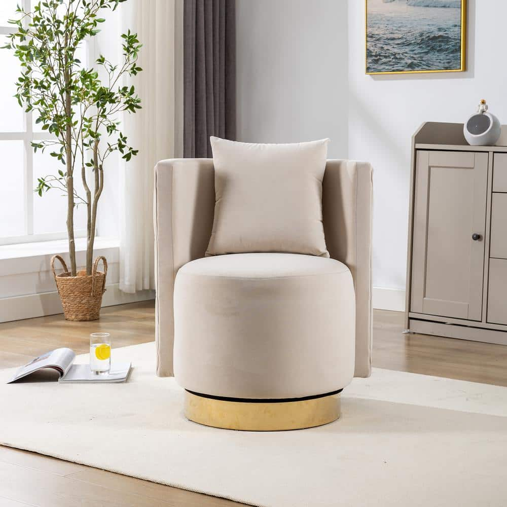 Beige Swivel Accent Chair Modern Curved Tufted Back With Gold Metal   Beige Accent Chairs C W1852105783 64 1000 