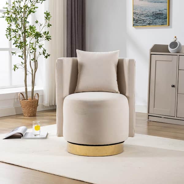 Beige Swivel Accent Chair, Modern Curved Tufted Back With Gold Metal ...