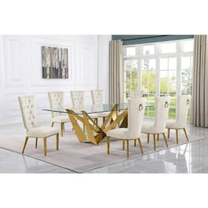 Meryl 9-Piece Rectangular Glass Top Gold Stainless Steel Dining Set With 8-Cream Velvet Gold Stainless Steel Chairs