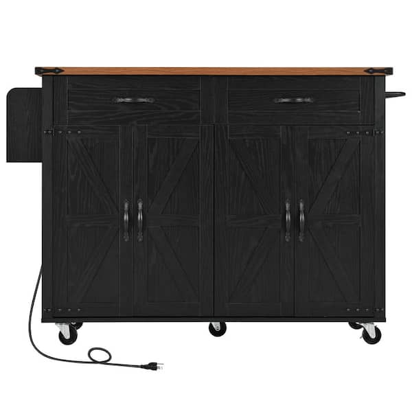 Black Wood 53 in. Kitchen Island with 2 Power Outlet, Drop Leaf, 2-Drawers and 4 Doors for Kitchen and Dining Room