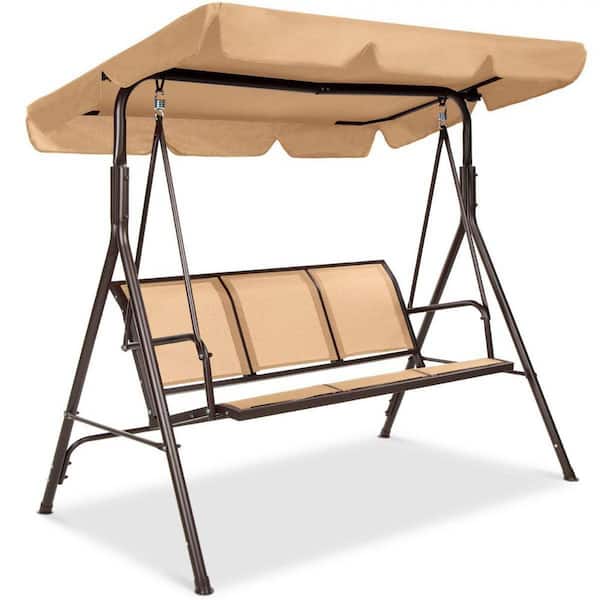 Unbranded 67.5 in. Tan 3 Seat Outdoor Adjustable Canopy Swing Glider Metal Patio Bench with Textilene, Bench