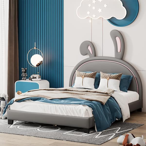 Wood Frame Full Size Platform Bed with Upholstered Rabbit Ornament Headboard, Gray