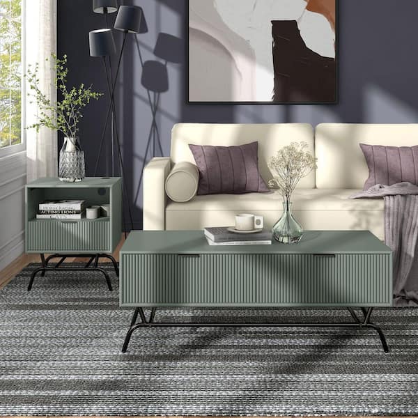 Furniture of America Yasar 2-Piece 42 in. Sage Green Rectangle Composite Coffee Table Set with 3D Wave Panel Drawer