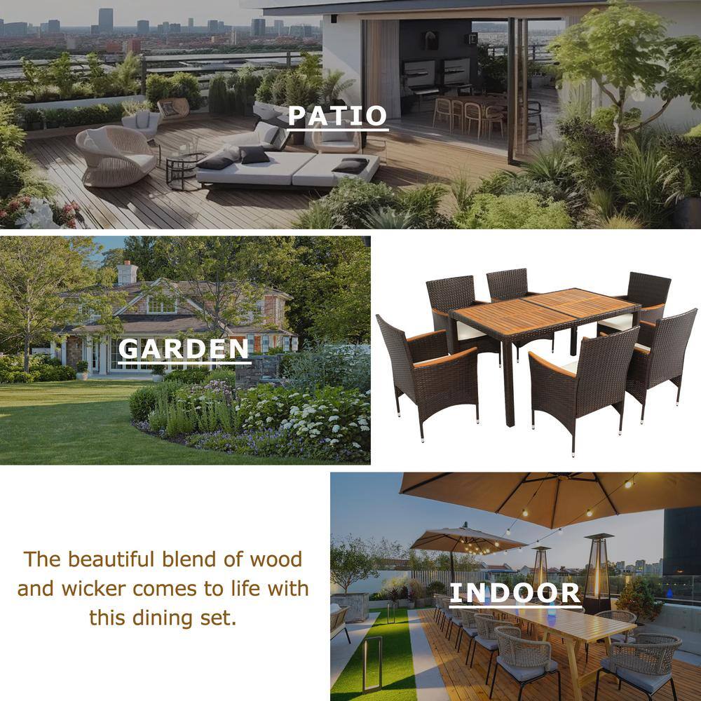 Brown 7-Piece Wicker Patio Dining Set with Beige Cushions and Acacia Wood Table
