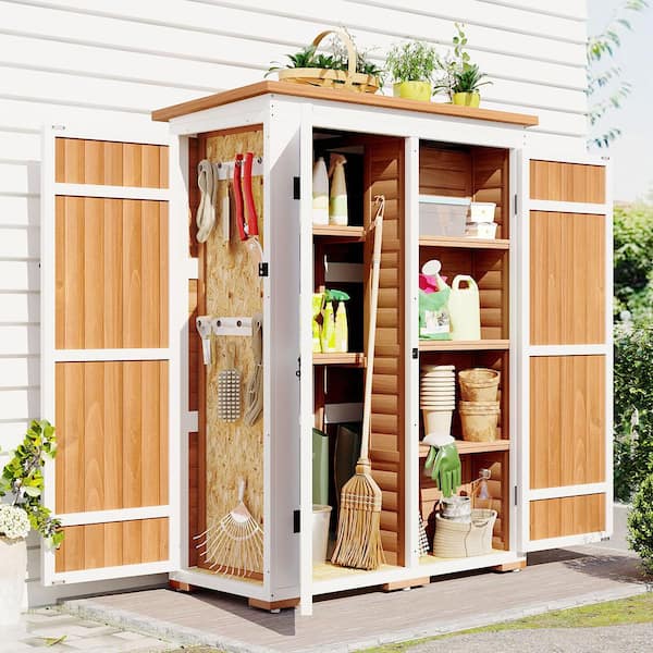 Unbranded Natural Wood Storage Shed with Four Lockable Doors and Multiple-Tier Shelves