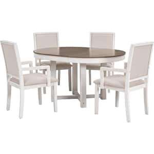 Brown and White 5-Piece Wood Outdoor Dining Set with Beige Cushion