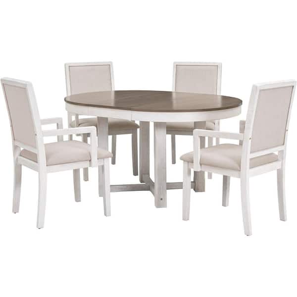 Sudzendf Brown and White 5-Piece Wood Outdoor Dining Set with Beige Cushion