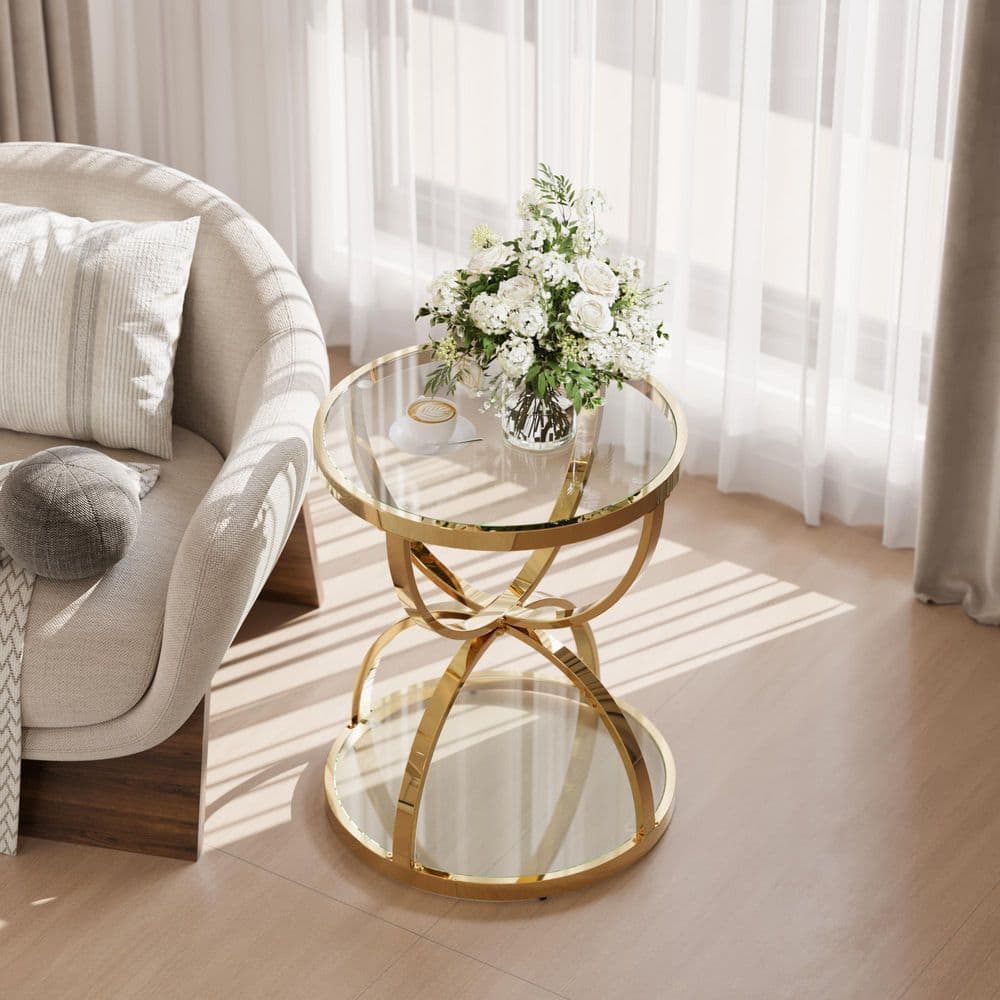 19.69 in. Round 2 Tier Clear Tempered Glass Coffee Table /Side Table Chrome Finish Iron Frame Gold