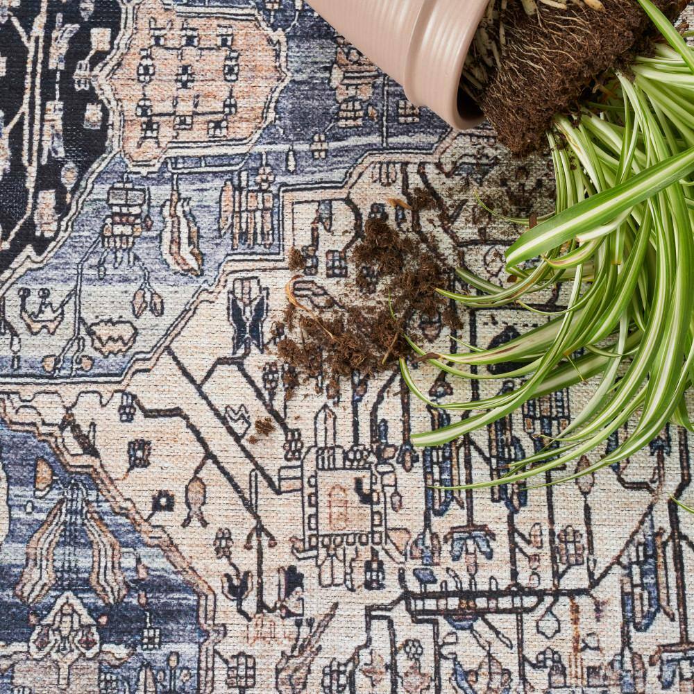 Ivory Blue 9' x 12' Synthetic Flat Woven Washable Rug