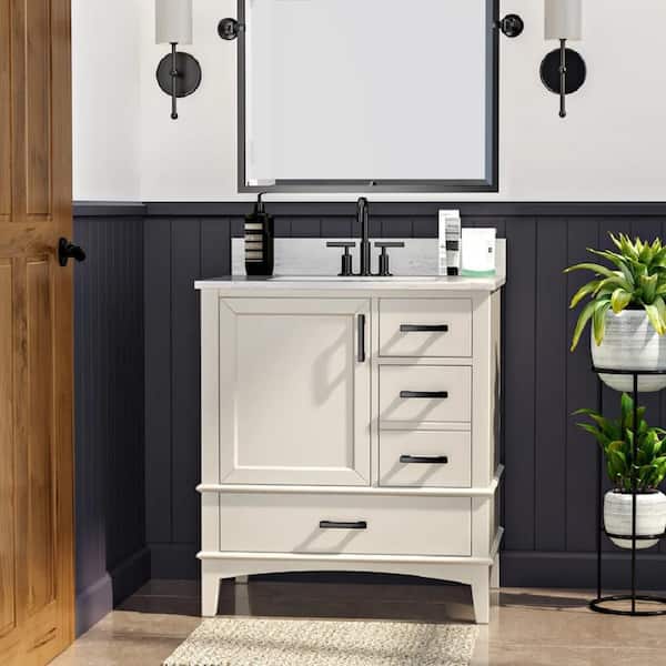 Runfine Emily 30 in. W x 22 in. D x 34 in. H Bath Vanity in White with Carrara Engineered Stone Top with White Basin