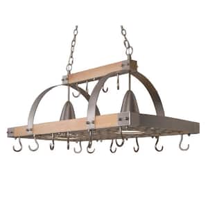 2-Light Brushed Nickel Accents Kitchen Wood Pot Rack with Downlights