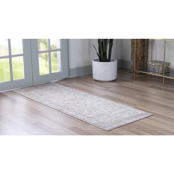 Unique Loom Central Portland Rug Ivory/Gray 2' 2 x 6' 1 Runner Border  Traditional Perfect For Bathroom Hallway Mud Room Laundry Room