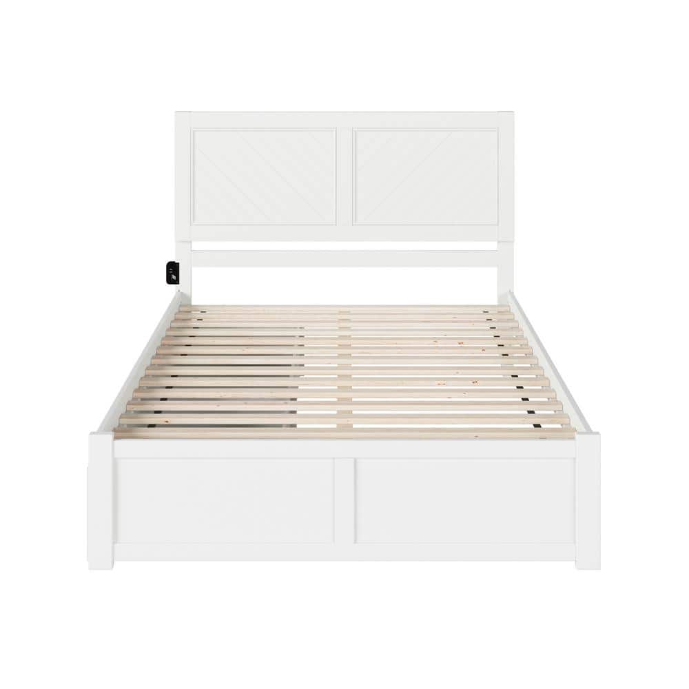 White Wood Queen Platform Bed with Storage Drawers and Chevron Headboard