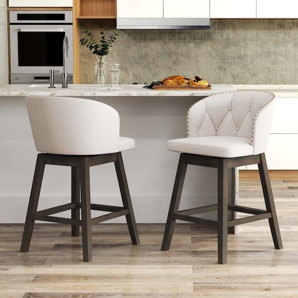 Beige Counter Height Bar Stools Fabric Upholstered Island Stools with 360° Swivel Seat (Set of 2)