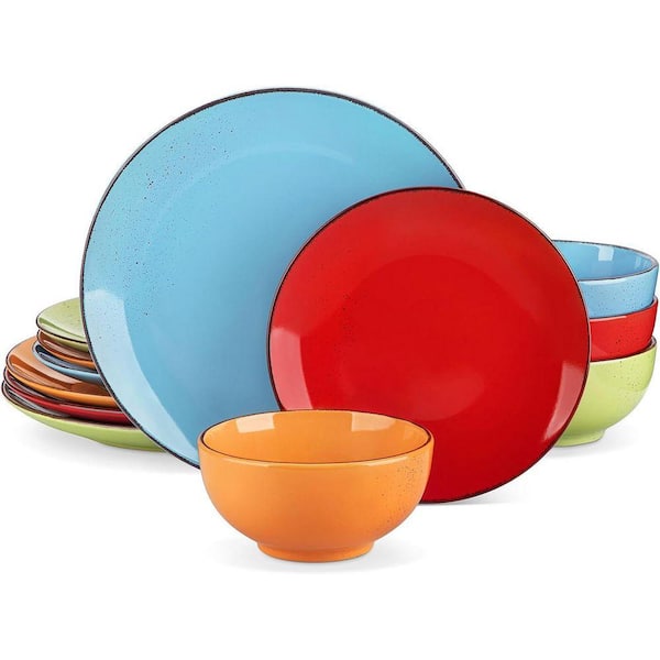 12-Piece Assorted Colors Stoneware Dinnerware Set Service for 4-Dinner Plates Dessert Plates and Cereal Bowls Tableware