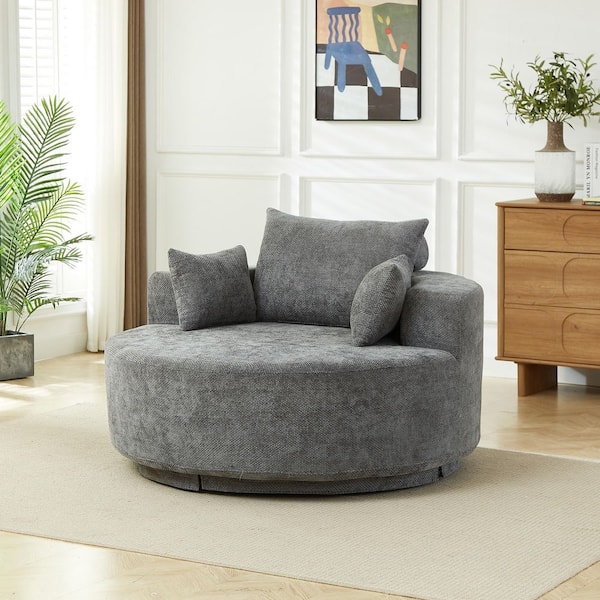 55 in. W Gray Swivel Arm Chair and 360° Swivel Sofa With 3-Pillows