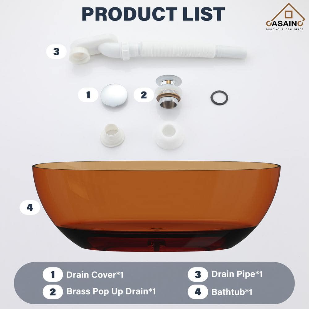 67'' Coffee Transparent Resin Freestanding Soaking Bathtub
