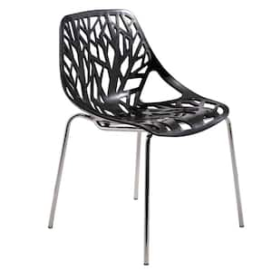 Stackable Dining Chair in Resin with Chromed Metal Legs and Elegant Tree Cut-Out Design in Black