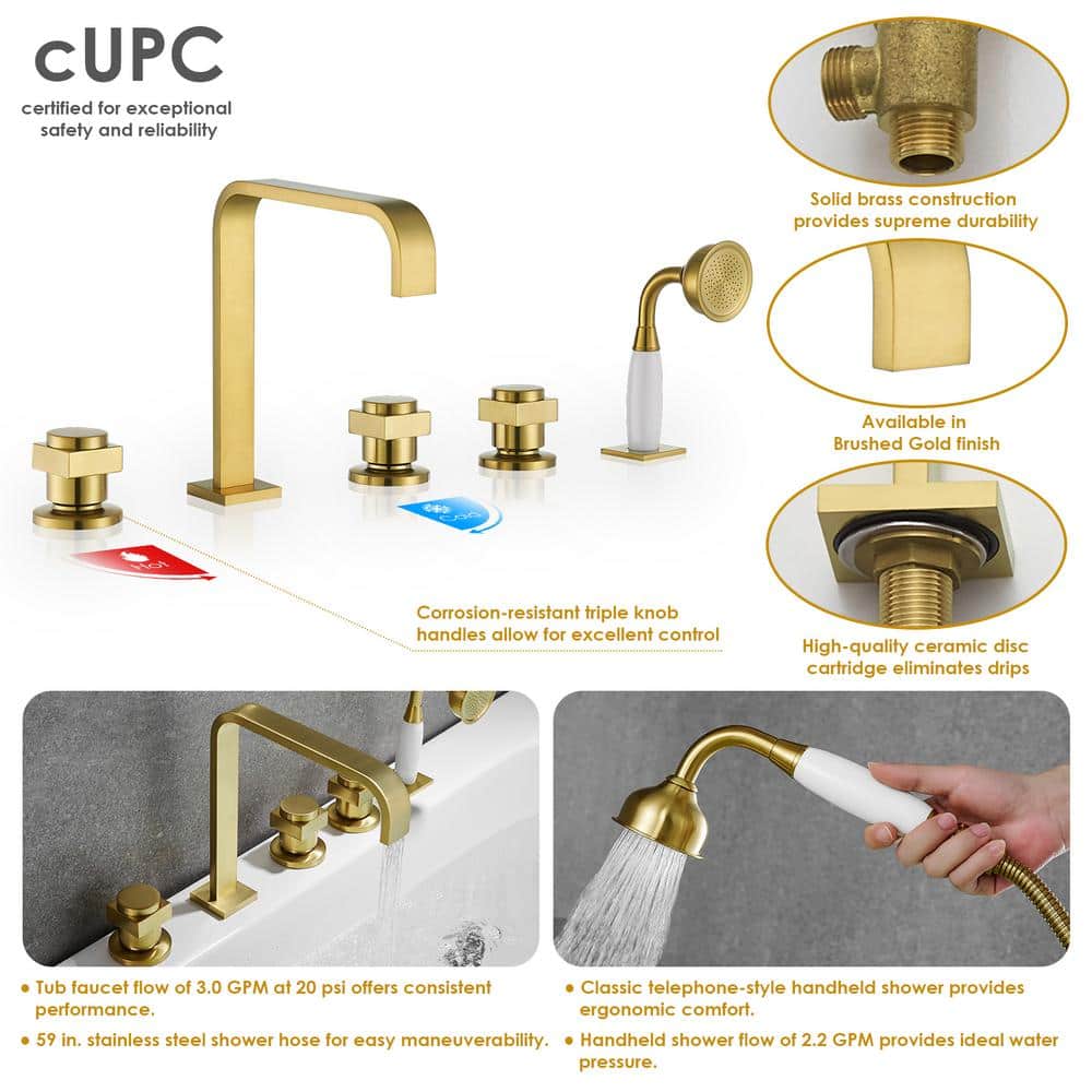 Brushed Gold Stainless Steel Triple Handle Deck-Mount Roman Tub Faucet