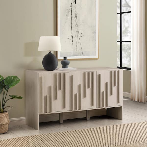 Walker Edison Furniture Company Ivory Oak Wood Modern 55 in. Vertical Stripe 3-Door Sideboard