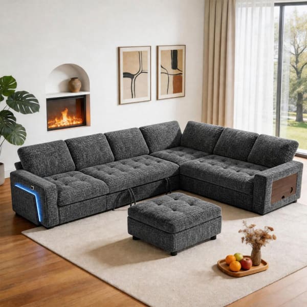 102 in. 7-Seat L-Shaped Modular Sleeper Sofa,Pull Out Bed,Adjustable Back,USB,Tufted Cushions Storage,Tool-Free Assembly