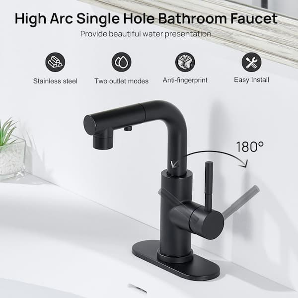 Single Handle Pull Down 3 Modes Sprayer Bathroom Sink Faucet with Deckplate Included and Pop-up Drain in Matte Black