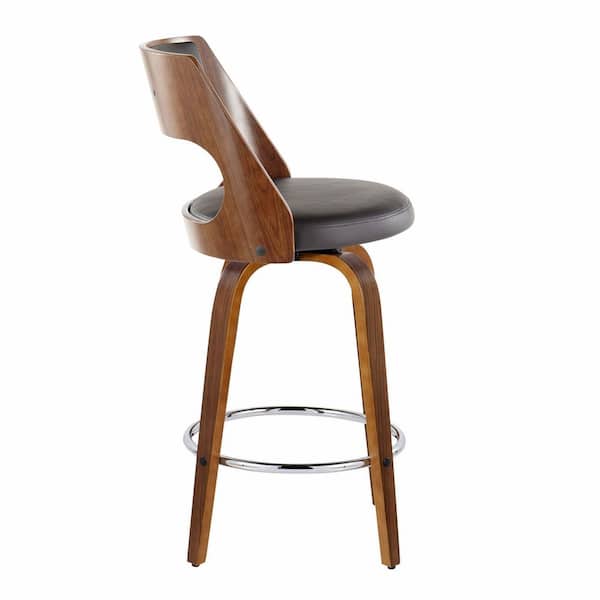 Cecina 25.5 in. Brown Faux Leather, Walnut Wood, and Chrome Metal Fixed-Height Counter Stool (Set of 2)