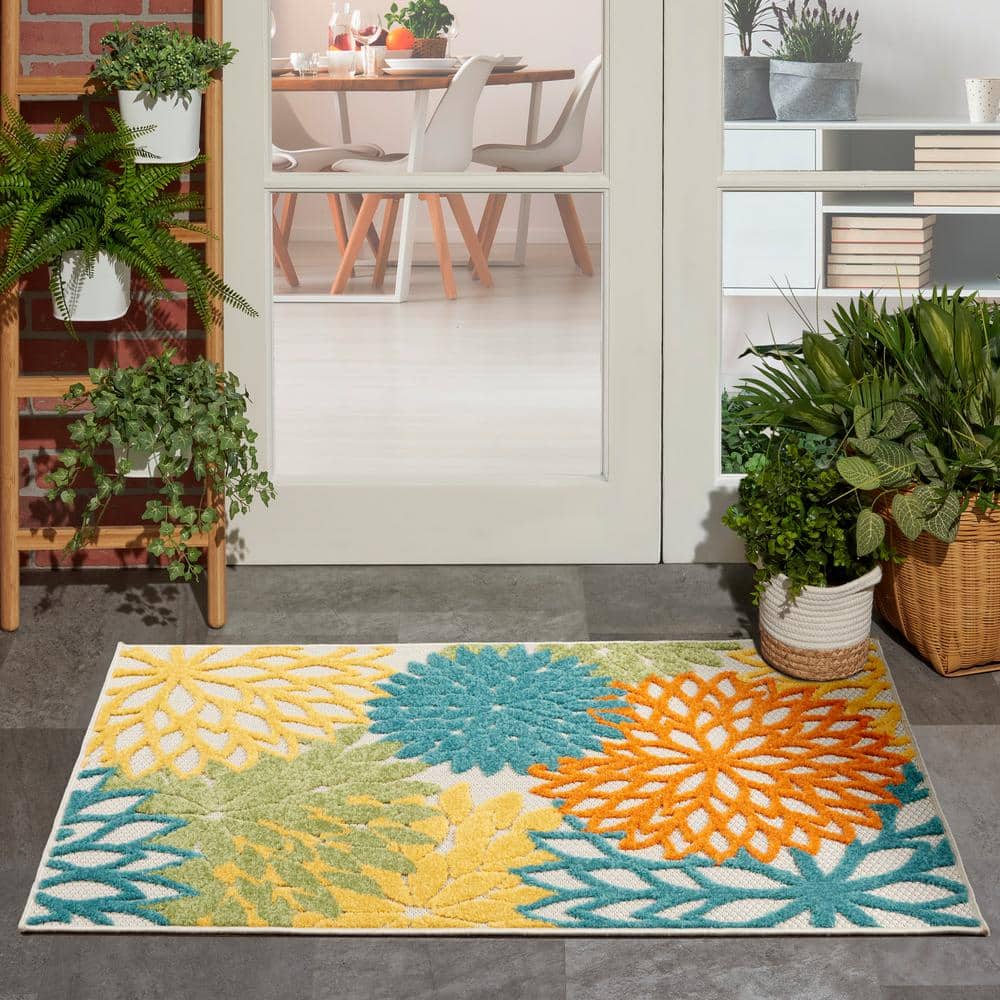 Tropical Aloha Bloom Turquoise Multicolor Floral Outdoor Rug