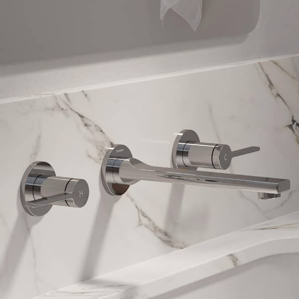 TINIAN Double Handles Widedpread Wall Mount Bathroom Sink Faucet with Pop-Up Drain in Polished Chrome