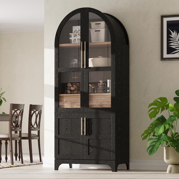 71" Tall Black Arched Kitchen Pantry Cabinet with Door Shelves, Open & Adjustable Shelves, Hidden Drawer & Glass Door