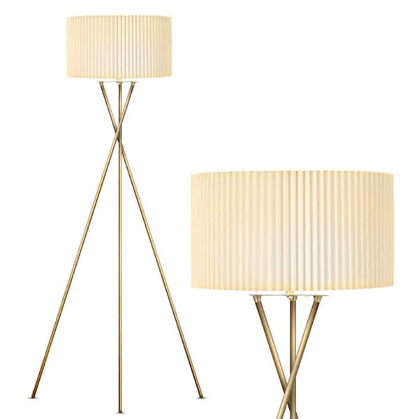 Brightech Jaxon 60 in. Antique Brass Tripod 1-Light Super Bright LED Midcentury Modern Floor Lamp with White Fabric Drum Shade
