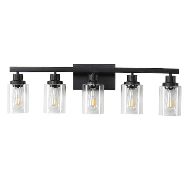 31.1 in. 5-Light Rustic Black Bathroom Vanity Light with Clear Glass Shades for Mirror, Vanity (Bulb Not Included)