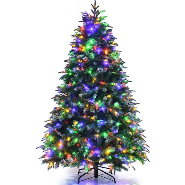 Costway 6 ft. Pre-Lit Snowy Christmas Hinged Tree 11 Flash Modes with 350 Multi-Color Lights
