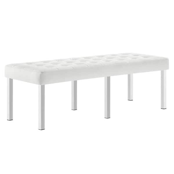MODWAY Loft Silver White Tufted Button Large Upholstered Faux Leather Bench