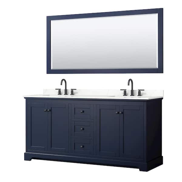 Wyndham Collection Avery 72 in. W x 22 in. D x 35 in. H Double Bath Vanity in Dark Blue with Giotto Quartz Top and 70 in. Mirror