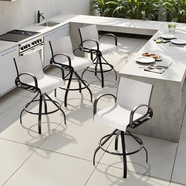 Swivel Aluminum Sunbrella Textilene Mesh Fabric Outdoor Bar Stool (4-Pack) in Augustine Oyster