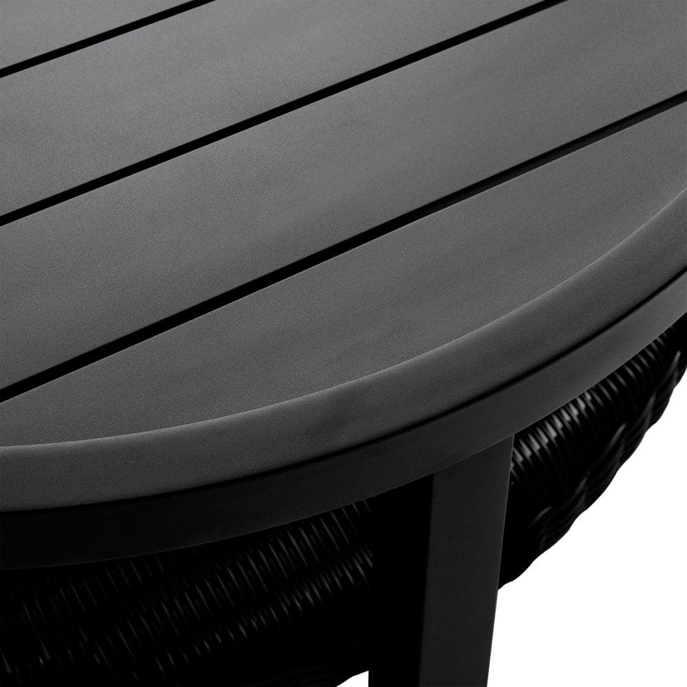 Grand Black Aluminum Round Outdoor Coffee Table with Wicker Shelf