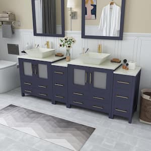 Ravenna 84 in. W Double Basin Bathroom Vanity in Blue with White Engineered Marble Top and Mirrors