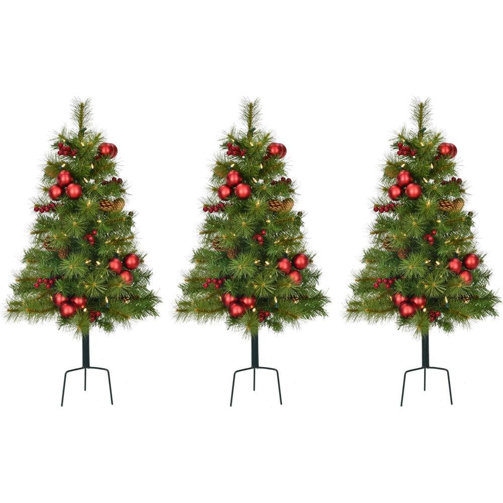 30 in. Christmas Joyful Walkway Trees with Led Lights, Pinecones, Berries a
