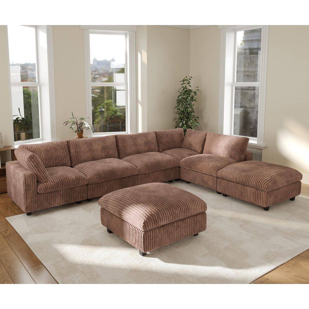 157.48 in. Square Arm 7-piece Rabbit Velvet Plush L-Shaped Living Room Sectional Sofa with Removable Cover in Brown