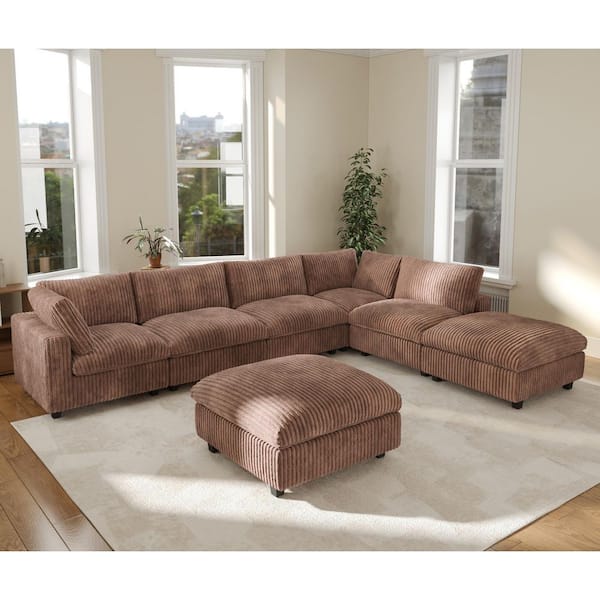 157.48 in. Square Arm 7-piece Rabbit Velvet Plush L-Shaped Living Room Sectional Sofa with Removable Cover in Brown