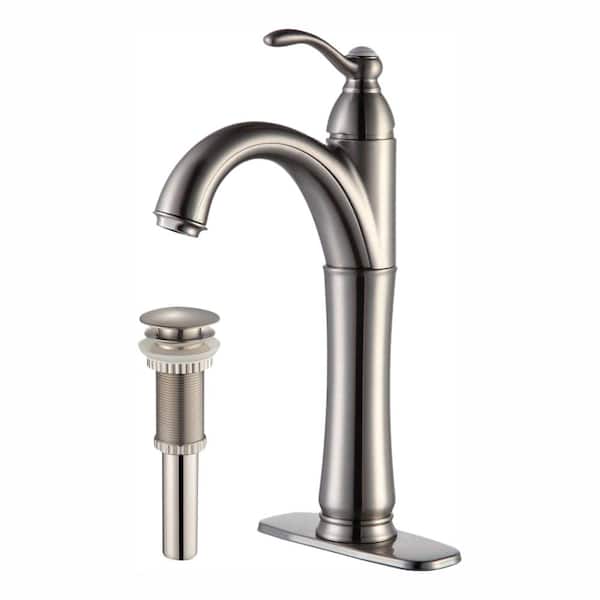 KRAUS Riviera Single Hole Single-Handle Vessel Bathroom Faucet with Matching Pop Up Drain in Satin Nickel