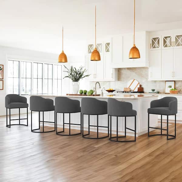 LUE BONA Crystal 26 in. Charcoal Gray Linen Fabric Upholstered Counter Stool Kitchen Island Bar Stool with Metal Frame Set of 6
