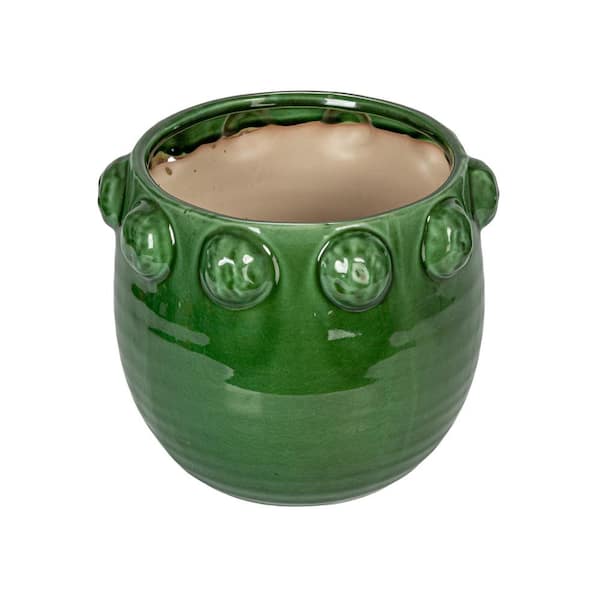 10.5 in. W x 9 in. H Green Glaze Terracotta Clay Decorative Pots with Raised Dots