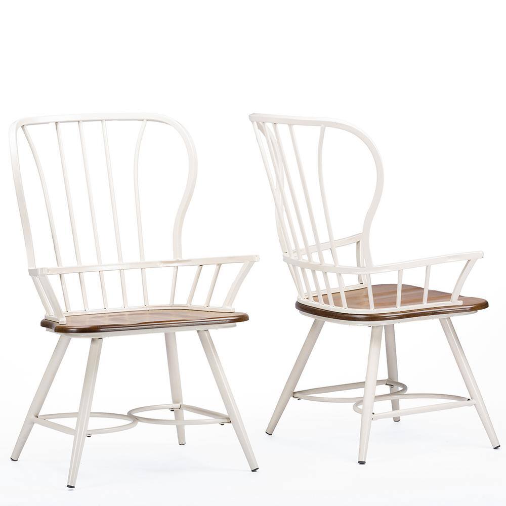 Windsor High Slat Metal Arm Chair in White with Dark Walnut Seat