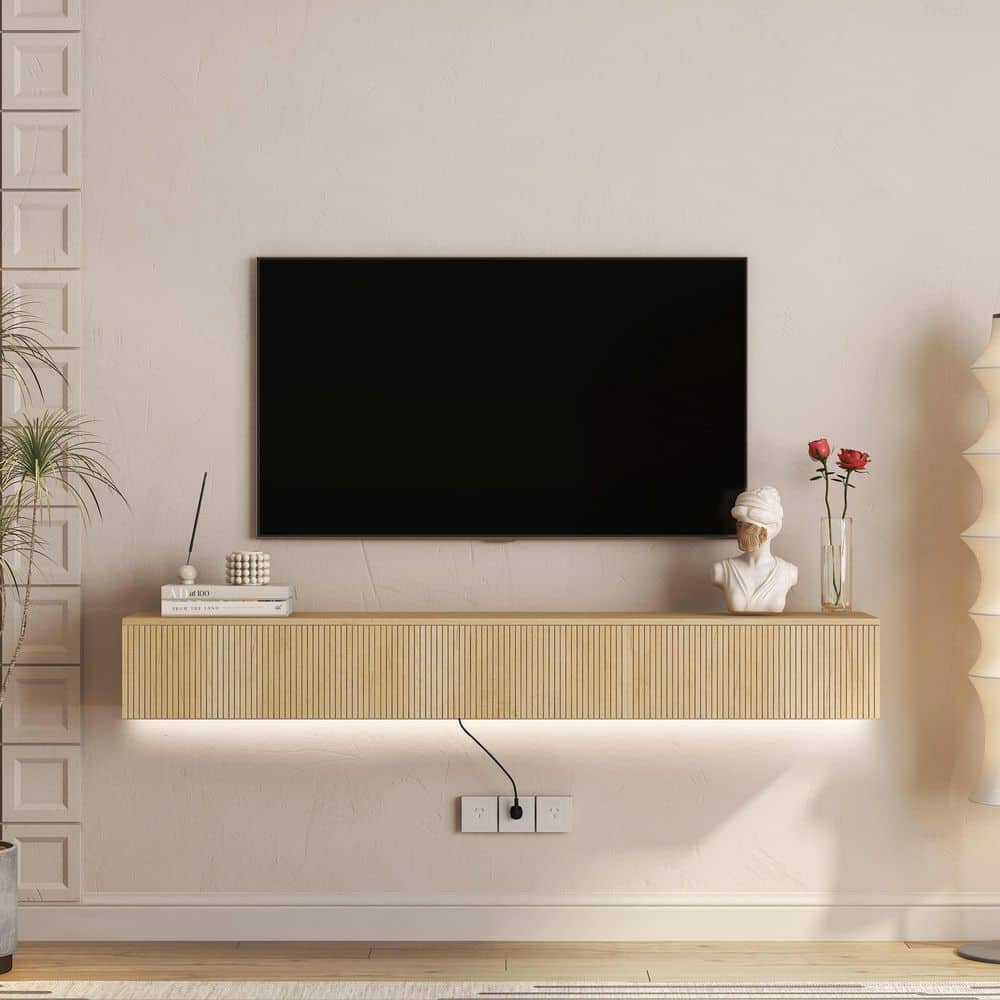 69 in. W x 11.8 in. D Nature MDF Wood Floating TV Stand Shelves Decorative Wall Shelf with Lights and Power Outlet