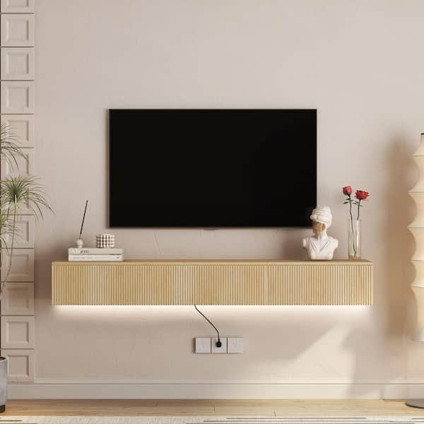 69 in. W x 11.8 in. D Nature MDF Wood Floating TV Stand Shelves Decorative Wall Shelf with Lights and Power Outlet