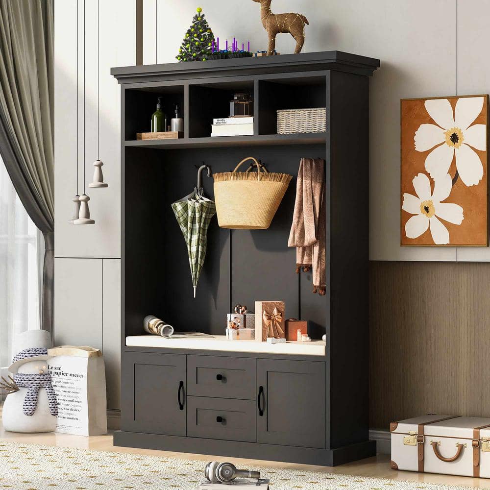 Black Particle Board Hall Tree with Storage Bench and Hooks