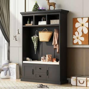 Hall Tree with 3 Hooks, Coat Hanger, Entryway Bench, Storage Bench, 3-in-1 Design, 47.2 in. Black