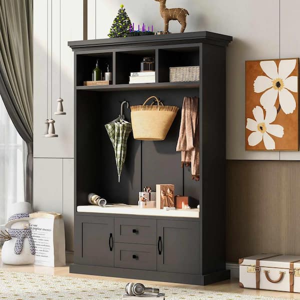 Hall Tree with 3 Hooks, Coat Hanger, Entryway Bench, Storage Bench, 3-in-1 Design, 47.2 in. Black